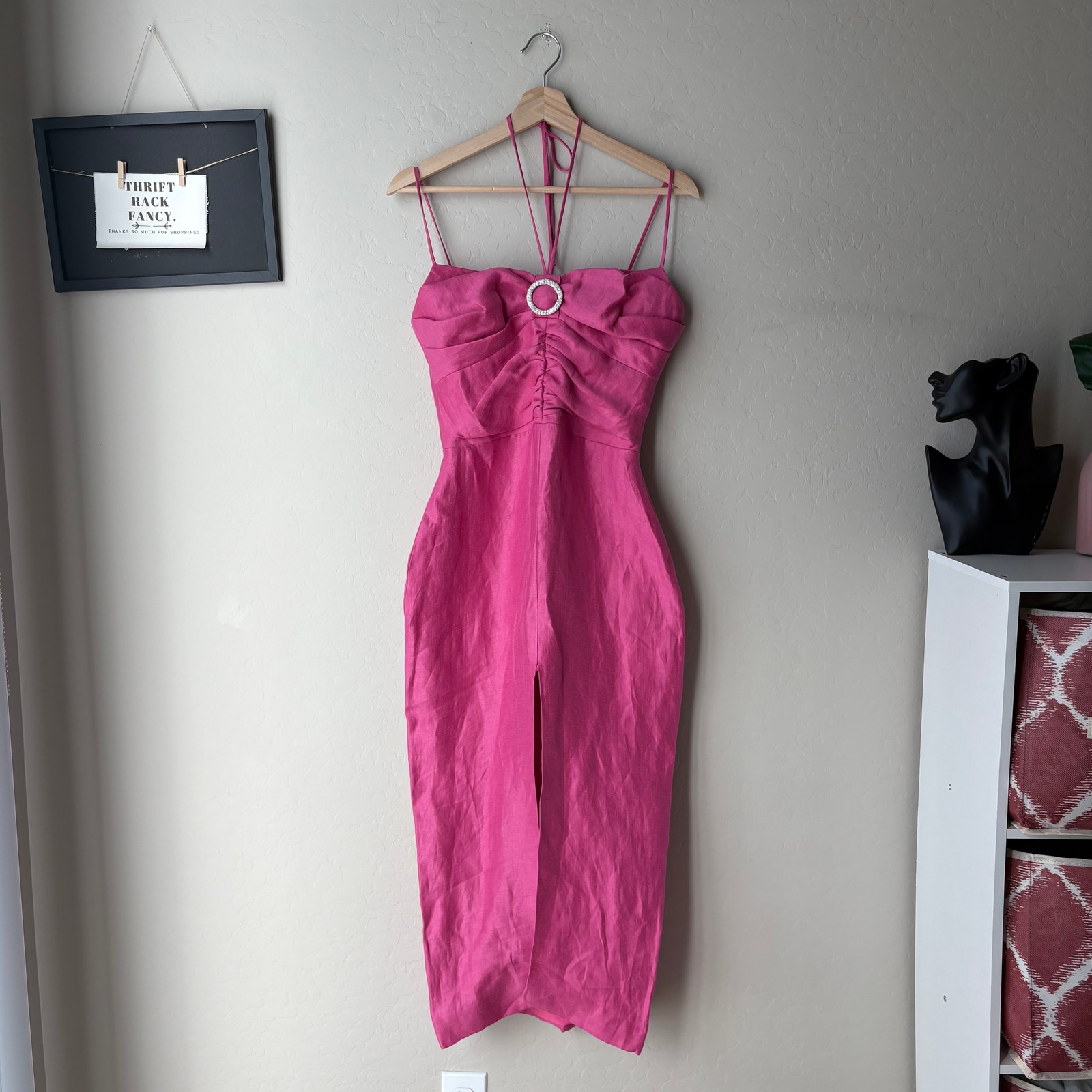 New Rasario Dress Pink Linen Crystal Buckle Midi Cocktail Shift Dress Size Us 4 — image 2 of 8